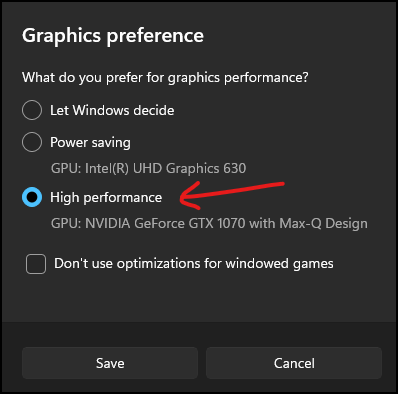 Windows Graphics Settings - App Options