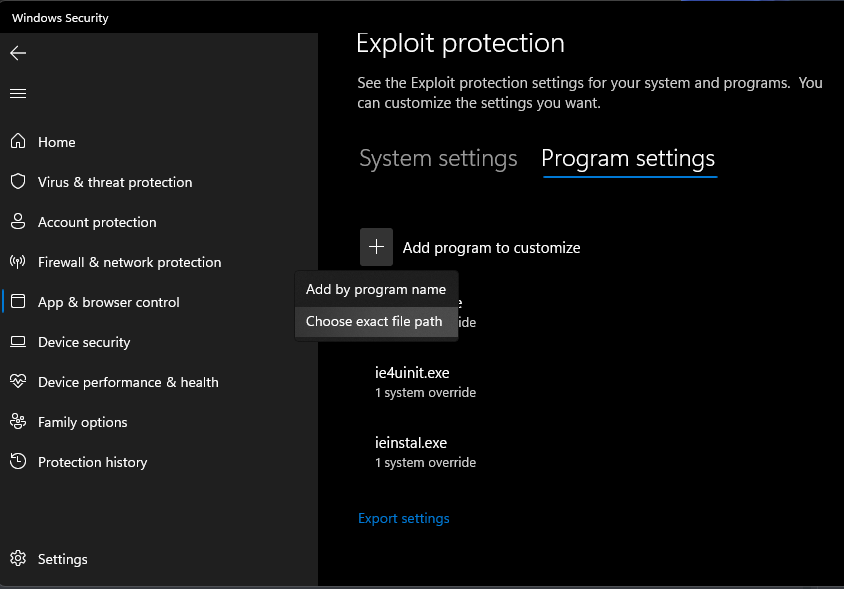 Windows Exploit Protection Program Exclusion Window